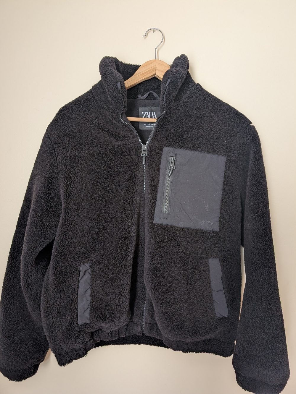Zara Kids Black Sherpa Puffer Jacket with Chest Zip Pocket